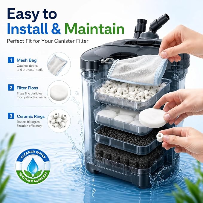 21 PCS Aquarium Media Filter Kits Replacement for Fluval FX4 / FX5 / FX6 Canister Filters, Including Bio-Foam Block, Carbon Sponge Filter, Ceramic Ring, Activated Carbon, Silicone Lubricant, Mesh Bag