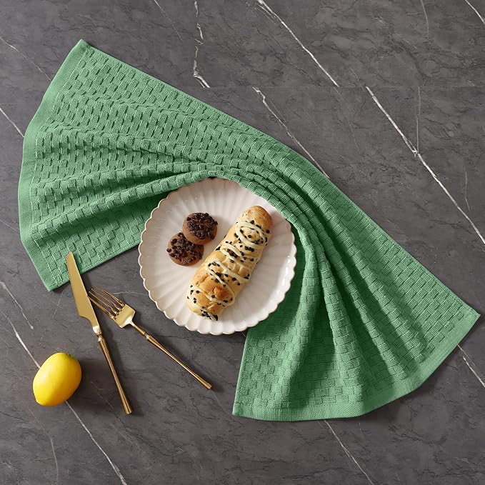 Homaxy 100% Cotton Terry Kitchen Towels(15" x 25", 4 Pack), Soft and Super Absorbent Dish Towels, 380 GSM Reusable Tea Towel with Hanging Loop, Pineapple Grid Designed, Grass Green