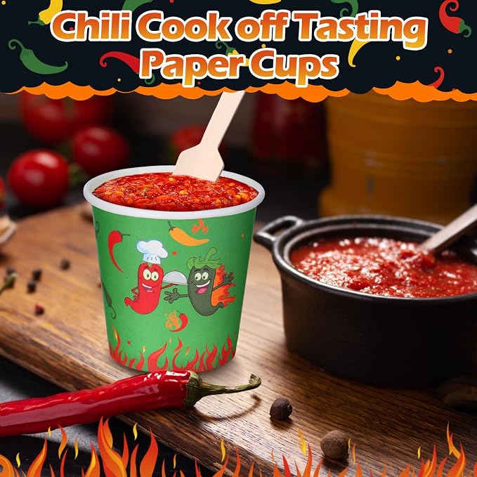 Teenyyou 100 Pcs 5 oz Chili Cook off Party Decorations Mini Chili Cook off Tasting Cups Disposable Sample Paper Cup Bowls and Wooden Spoons for Pepper Competition Prizes Party Cooking Supplies, Green