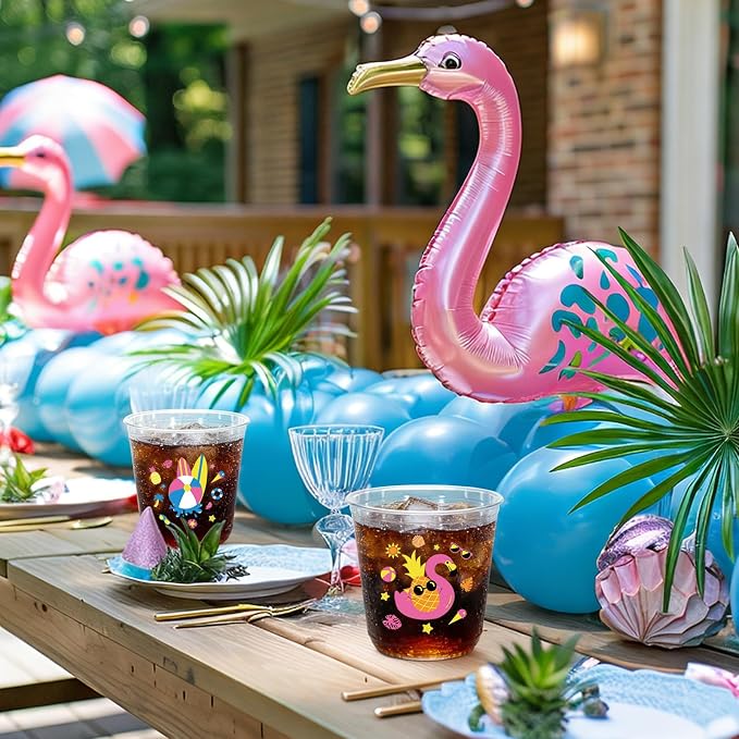 Whaline 60Pcs Pool Party Plastic Cups 12 Oz Disposable Clear Stemless Wine Cocktail Glasses PET Drinkware Cups Set for Summer Beach Hawaiian Luau Birthday Party Supplies