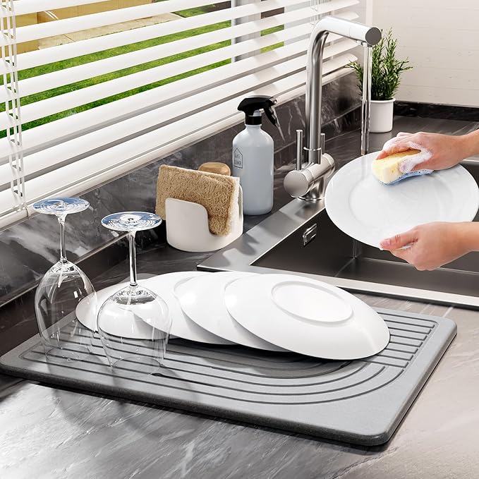 Stone Dish Drying Mat for Kitchen Counter Diatomaceous Earth Drying Mat, 15.8"x11.8" Super Absorbent Drying Stone, Quick Dry, Heat Resistant, Odorless (Dark Gray)