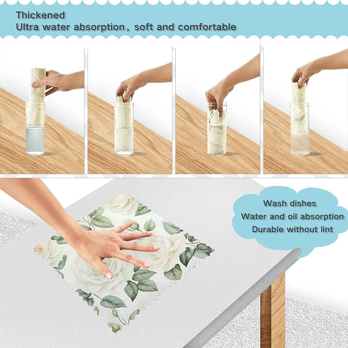 senya Kitchen Dishcloths, White Rose Flower Cloth Dish Towels 6 Pack Super Absorbent Dishtowels Reusable Cleaning Cloths