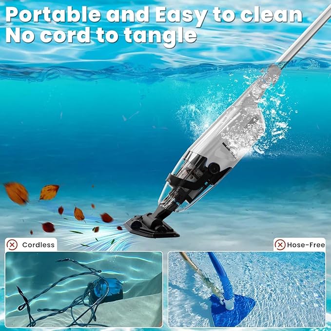 Cordless Pool Vacuum Cleaner for Above Ground Pool & In Ground Rechargeable Pool Vacuum Cleaner - 90 Mins Runtime, with 69" Telescopic Pole, Spa Vacuum for Hot Tub（Misty Grey）