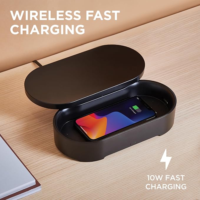 Lexon UV Phone Sanitizer Machine & Wireless Charger - OBLIO Box QI Fast Charging and 360° UV-C Light Cellphone Cleaner, Glasses, Keys, Makeup Brush, Tools, All that Fits in - White