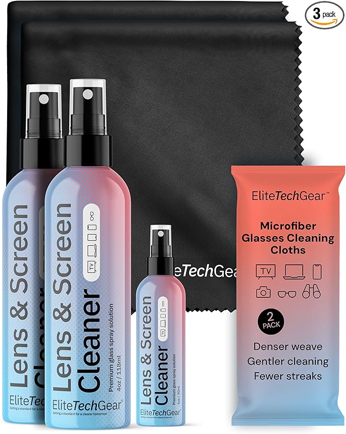 Elite Tech Gear Large Microfiber Cleaning Cloth Kit - 2-pc 12" x 12", Black Glasses Cleaning Cloth for TV Screens and Lenses - 3-pc Lens Cleaner Sprays