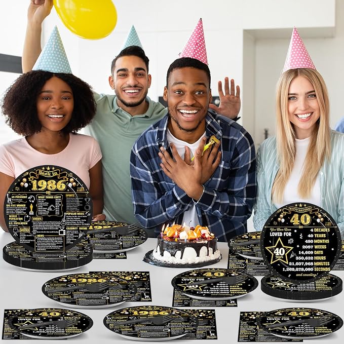 96Pcs 40th Birthday Plates and Napkins Back in 1986 Party Decorations Black Gold 40 Year Old Party Dessert Plates 1986 Birthday Tableware for 24 Guests 40th Theme Men Woman Bday Parties Supplies