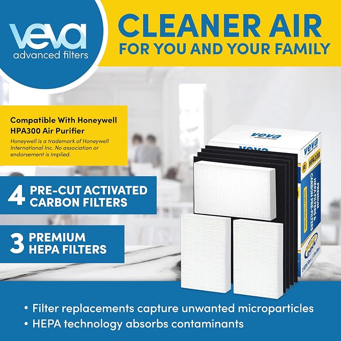 VEVA HPA300 Filter Replacement Compatible with Honeywell Air Purifier - 6 Pack of HEPA Filters w/ 8 Precut Activated Carbon Pre-Filters & Replacement Filter R