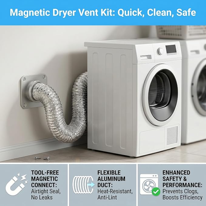 Magnetic Dryer Vent Hose Kit, 39.6 Inch Quick Connect Dryer Exhaust Duct, Flexible Aluminum Dryer Vent Connector with Wall Plate, Clamps & Screws