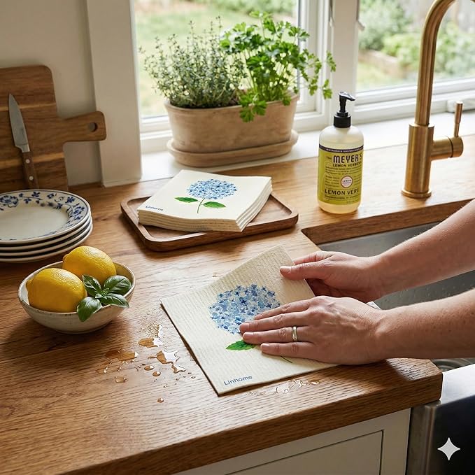 Garden Collection Hydrangea Swedish Dishcloth, Reusable Paper Towel, Super Absorbent Cellulose Sponge, Kitchen Cleaning Cloth, Washable & Compostable (Blue Hydrangea - 4 Pack)