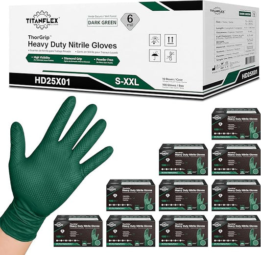 TitanFlex Heavy Duty Industrial Nitrile Gloves with Raised Diamond Texture, 6-mil, Latex Free (Dark Green)