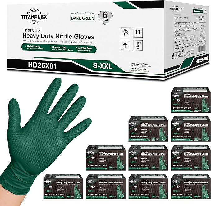 TitanFlex Heavy Duty Industrial Nitrile Gloves with Raised Diamond Texture, 6-mil, Latex Free (Dark Green)