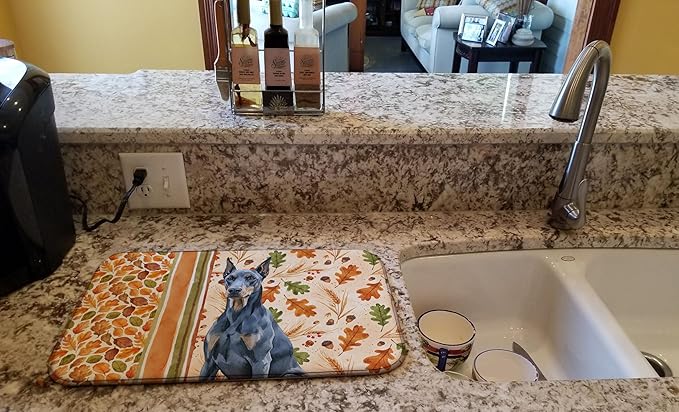 Caroline's Treasures Blue Doberman Pinscher Heirloom Fall Dish Drying Mat Absorbent Dish Drying Mat Pad for Kitchen Counter Dish Drainer Mat for Countertop, 14 x 21", Multicolor