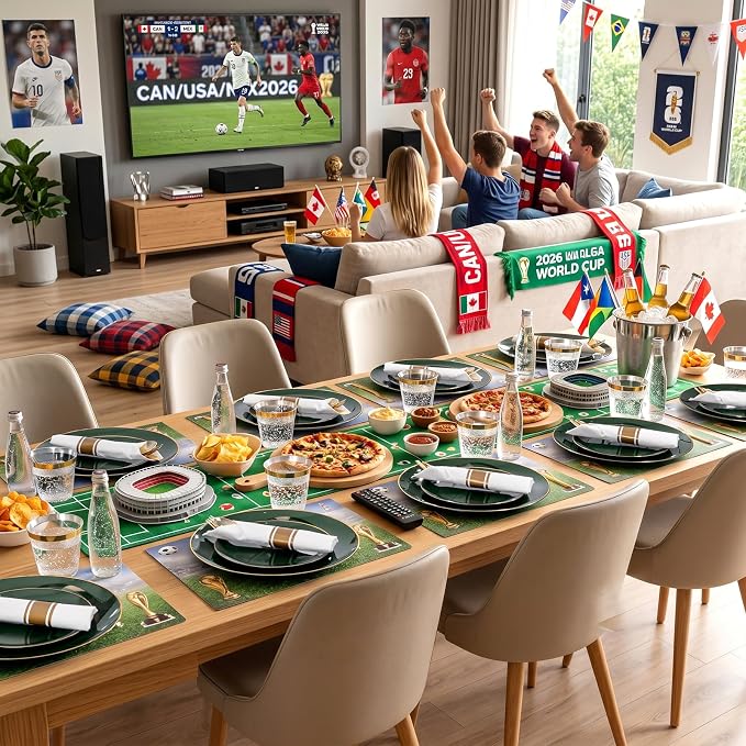 KIRE 175PCS Green Plastic Plates with Gold Rim - Heavy Duty Green Plates Disposable Include 50 Fancy Plastic Plate, 25Pre Rolled Napkins 25 Cups For Party/Wedding/Spring/2026 FIFA World Cup