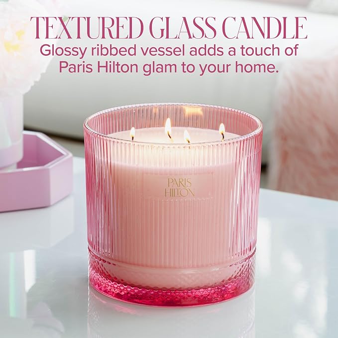 Paris Hilton Pink Spritz Scented Candle, Pink Ribbed Glass Vessel with Faceted Diamond Detail, Premium Plant Wax Blend, 4-Wicks, 40-Ounce