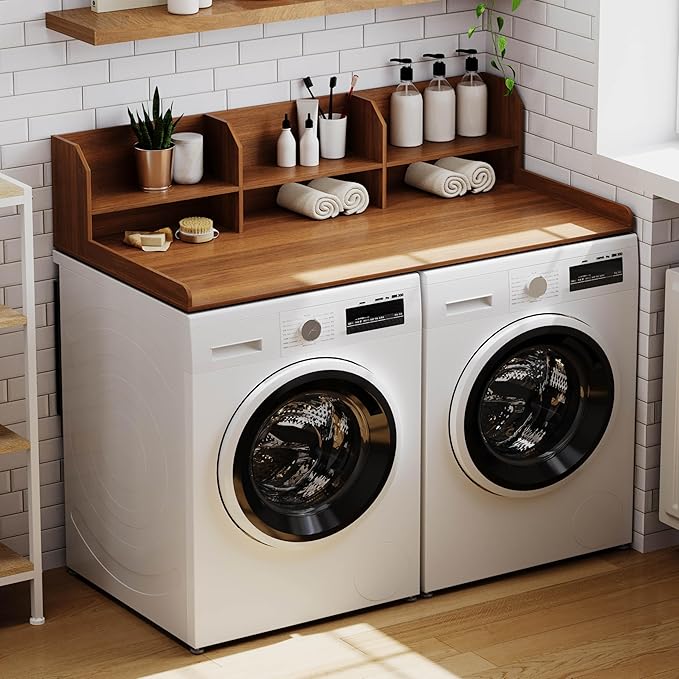 ChooChoo 2-Tier Washer Dryer Countertop with Adjustable Shelf, Spacious Laundry Room Storage for Folding Clothes and Efficient Organization, Walnut