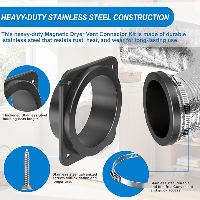 Magnetic Dryer Vent Coupling Connector Kit, Strong Magnet Airtight Seal, Quick Connect Disconnect, Easy to Clean Flexible 4" Exhaust Duct with 2 Clamps & Screws for Tight Spaces