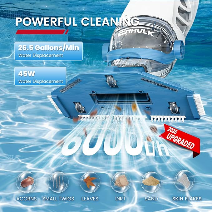 ENHULK PC68 Pro Pool Vacuum, Upgraded 26.5 GPM Beast-Level Suction, 9' Extension Pole, 4 Filters Unit, 1H Runtime, Cordless Handheld Pool Cleaner for Above/Inground Pools