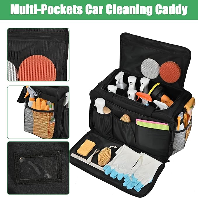 Large Car Detailing Bag, Cleaning Caddy with Lid and Handle for Auto Detailing Supplies, Car Cleaning Storage Trunk Organizer for Polisher and Vehicle Wash Tools, Black