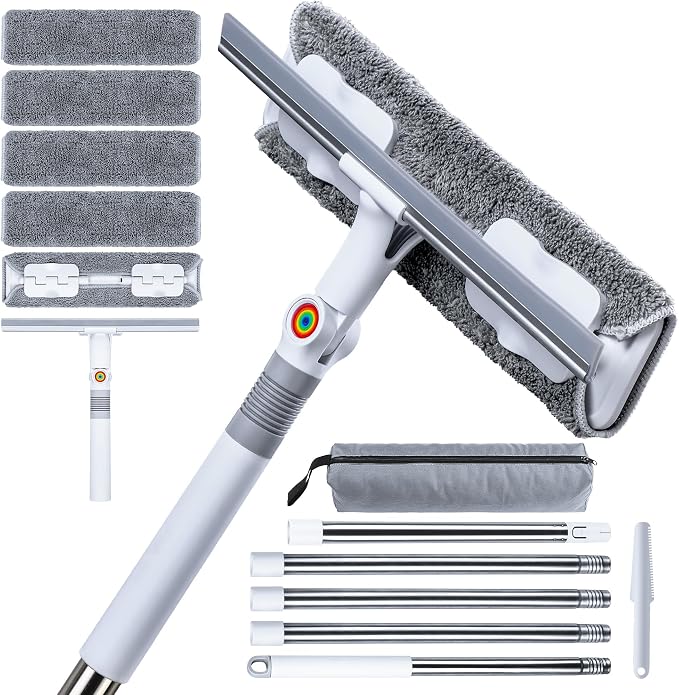 CTIME 80" Window Washing Kit with Extension Pole : Professional Window Cleaner Tool | Window Cleaning Squeegee Kit for High/Outdoor/Glass & Bathroom Surfaces with Storage Bag + 5 Microfiber Cloths