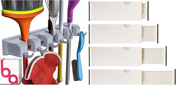 Berry Ave Broom Holder Grey (1 Pack) and Drawer Dividers Organizer, 4" High, Expandable from 11"-17" (4-Pack)