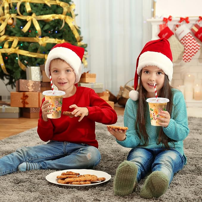 Whaline 50Pcs Christmas Plastic Cups with Lids & Straws 12oz Gingerbread Man Candy Cane Disposable Clear Drinking Cups for Xmas Home Party Supplies