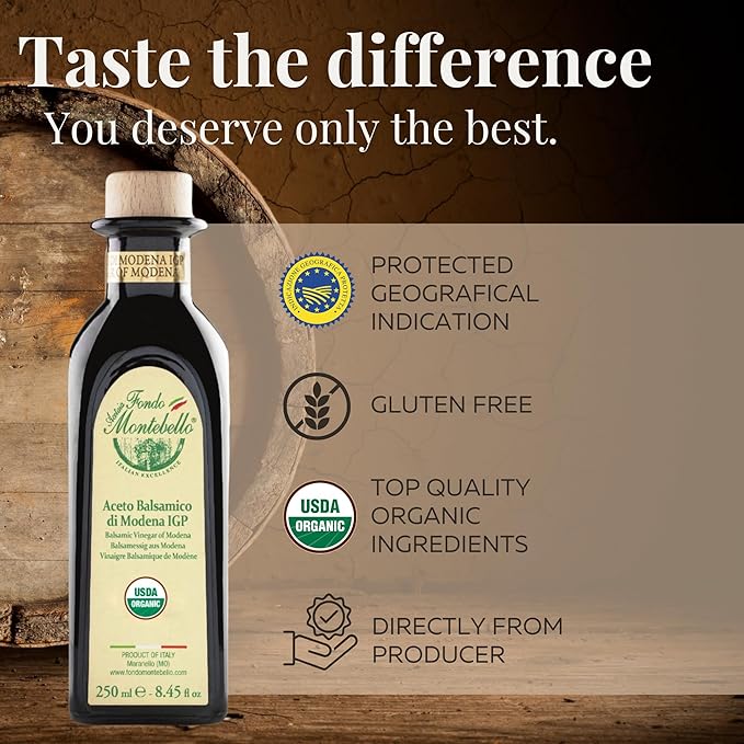 Organic Balsamic Vinegar of Modena 8.45 fl.oz. (250ml), FONDO MONTEBELLO IGP-Certified, Dense and Delicious Organic Balsamic Vinegar, Perfect for Salads, Meats and Desserts - Imported from Italy