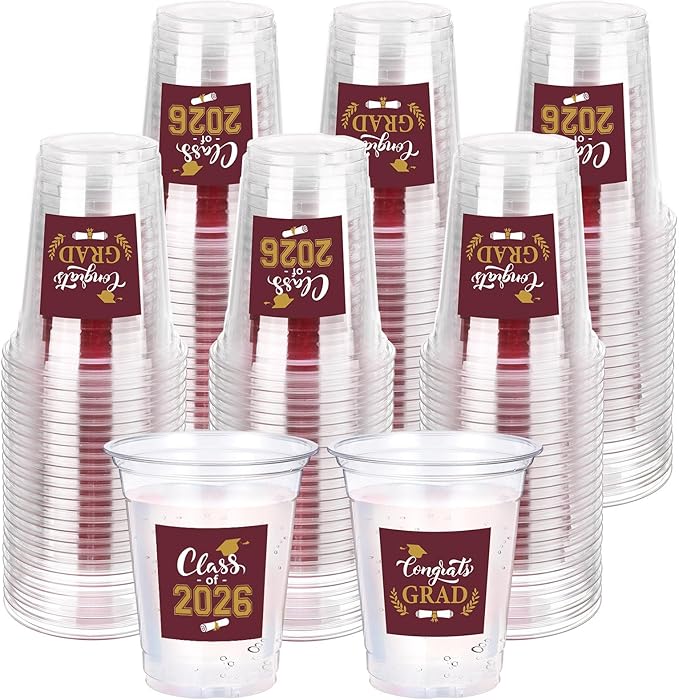 Amyhill 60 Pack 12oz Graduation Cups 2026 Graduation Decorations Disposable Plastic Cups Sturdy&Durable Drinkware for Class of 2026 Decorations Congrats Grad Party Favors Supplies (Gold Dark Red)