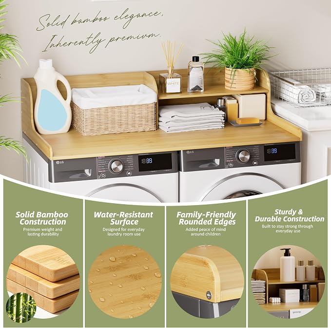 Washer Dryer Countertop with Shelf, 54" x 27.5" 2-Tier Bamboo Laundry Topper, Washer and Dryer Countertop for Laundry Room Organization with Edge Rails, Waterproof, Natural