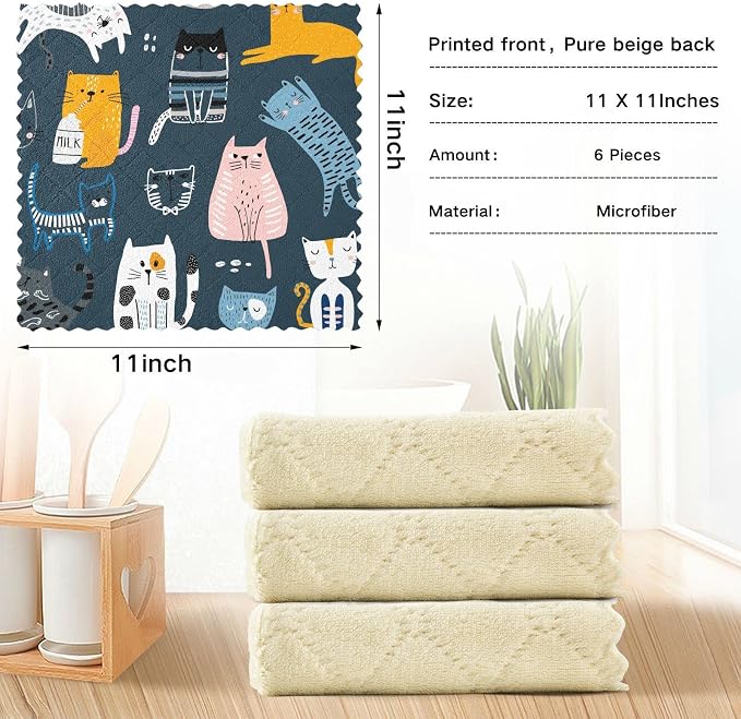 CaTaKu Cute Blue Cats Microfiber Reusable Cleaning Cloths Kitchen Dish Cloths Dish Rags for Washing Dishes, Dish Towels Washcloths for Kitchen Drying, 6 Pack