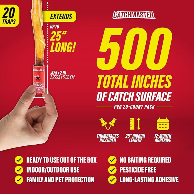 Catchmaster Fly Ribbon 20-Pack, Bug & Fruit Fly Traps Outdoor and Indoor, Premium Adhesive Sticky Strips & Gnat Hanging Strips, Bulk Flying Insect Paper Rolls, Pesticide-Free Home Pest Control