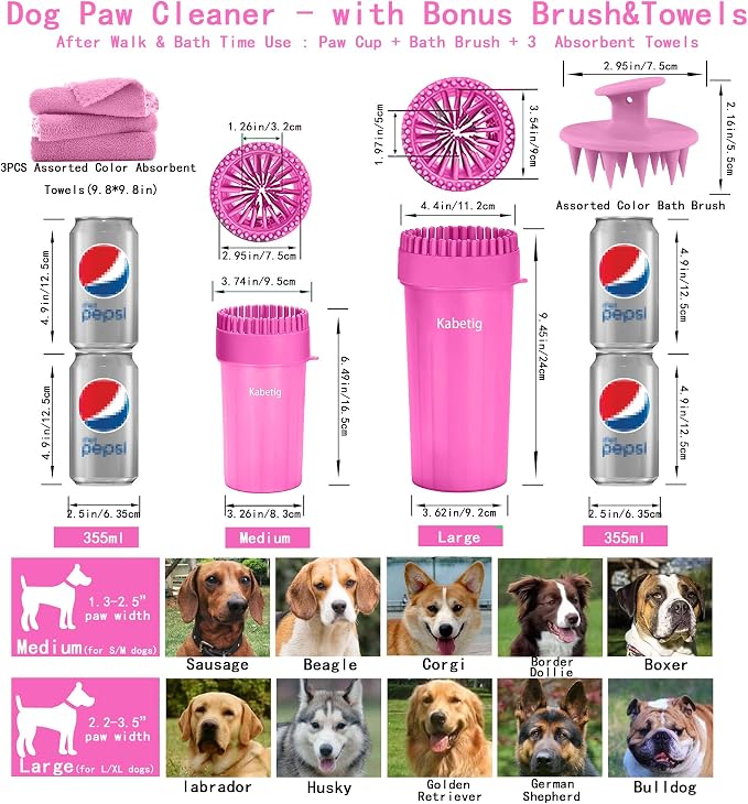 Paw Cleaner for Small/Medium Dogs - Grabs Loose Fur with Top Brush | Clean muddy paws fast. Attached top brush grabs loose fur. No extra tools. Comes with bath brush & 3 towels. Less fur. Pink
