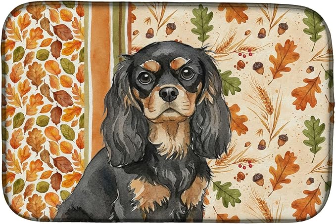 Caroline's Treasures Black and Tan Cavalier Spaniel Heirloom Fall Dish Drying Mat Absorbent Dish Drying Mat Pad for Kitchen Counter Dish Drainer Mat for Countertop, 14 x 21", Multicolor