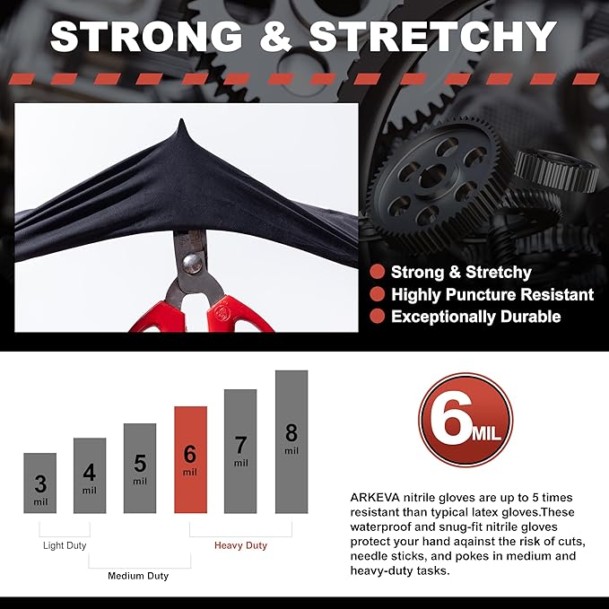 ARKEVA Black Nitrile Disposable Gloves 6 Mil. Chemical Resistance, Tear-Resistance, Latex & Powder Free