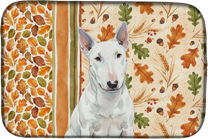 Caroline's Treasures White Miniature Bull Terrier Heirloom Fall Dish Drying Mat Absorbent Dish Drying Mat Pad for Kitchen Counter Dish Drainer Mat for Countertop, 14 x 21", Multicolor