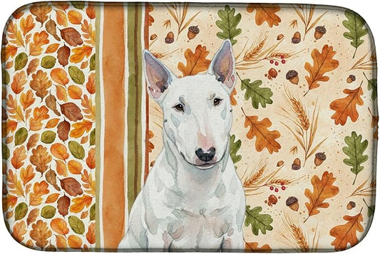 Caroline's Treasures White Miniature Bull Terrier Heirloom Fall Dish Drying Mat Absorbent Dish Drying Mat Pad for Kitchen Counter Dish Drainer Mat for Countertop, 14 x 21", Multicolor