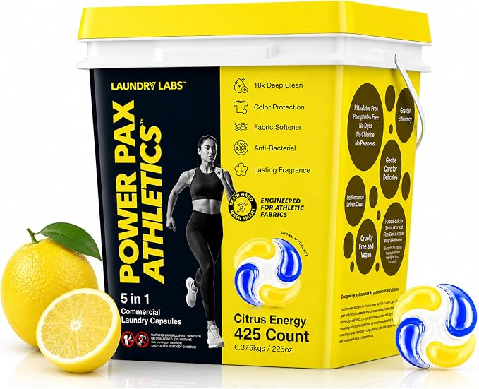PowerPax Athletics Laundry Detergent Pods, 425 Count 5-in-1 Washer Pods for Activewear & Everyday Laundry, Enzyme Stain & Odor Remover, Citrus Energy, HE Washing Machine Pods