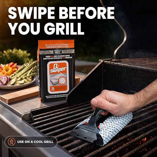 Proud Grill Q-Swiper BBQ Grill Cleaner Set - 1 Grill Brush with Scraper and 25 BBQ Grill Cleaning Wipes, Bristle-Free & Wire-Less, Safe Way to Remove Grease and Grime for A Clean and Healthy Grill