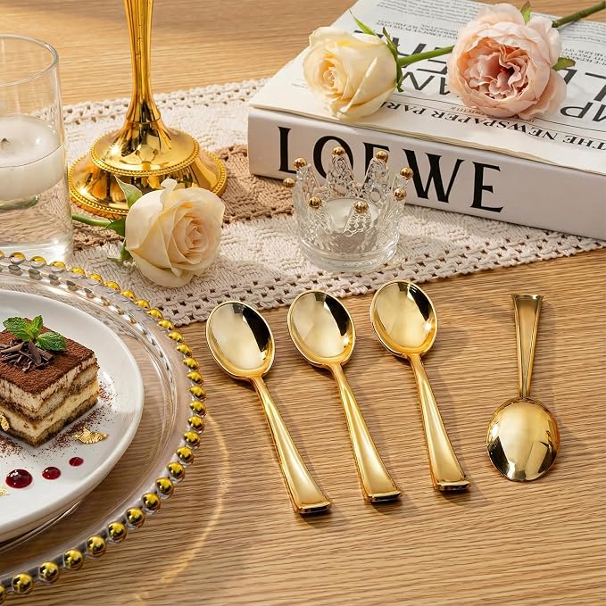 Liacere 200 Pack Gold Plastic Spoons - 6.7 inch Heavy Duty Plastic Spoons - Heavyweight Gold Disposable Spoons for Parties & Weddings & Restaurants & Christmas & New Year