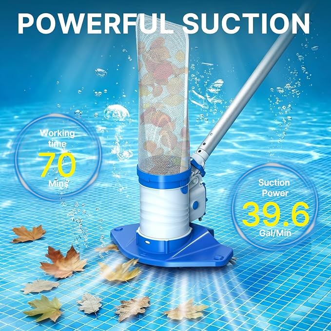 83GPM Big Rechargeable Pool Leaf Vacuum with 5-Section Pole, Cordless Pool Skimmer for Above-Ground & In-Ground Pools, Includes Standard & Fine Filter Bags for Leaves & Debris