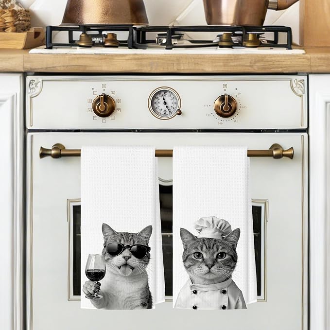 Funny Cat Kitchen Towels Set of 2, Cat Kitchen Bar Accessories, Chef Gifts for Women Decorative Hand Towels for Kitchen Decor, Coffee Wine Lovers Dish Tea Towel, 16x24 Inch