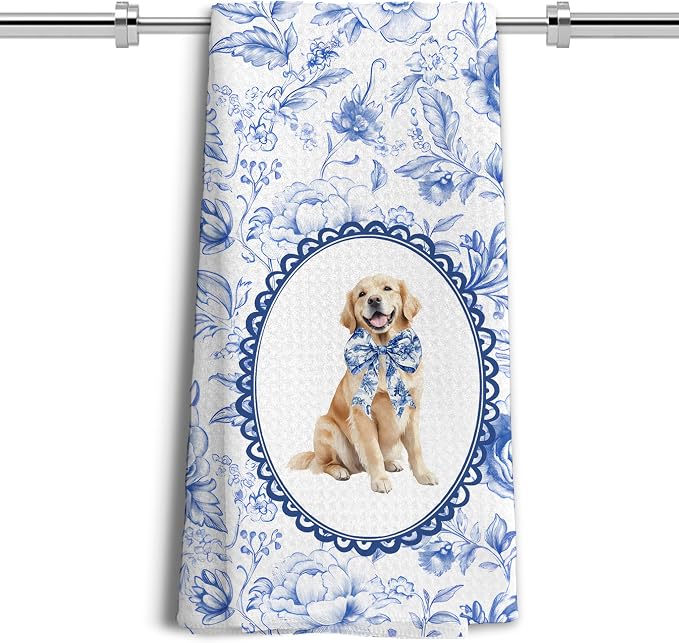 Chinoiserie Golden Retriever Gifts Kitchen Towels, Blue and White Floral Golden Retriever Decorative Dish Towels, Grandmillennial Botanical Dog Hand Towels for Kitchen Bathroom, 16x24 Inch
