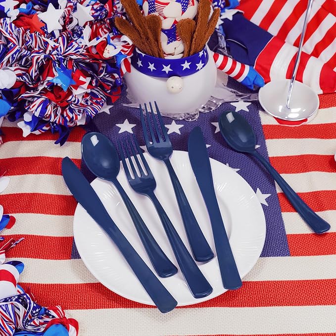 Liacere 100Pack Pre Rolled Blue Silverware and Napkin-Disposable Blue Plastic Utensils-Plastic Cutlery Set with Napkin:100 Forks,100 Knives,100 Spoons,100 Napkins for Wedding&Party&Independence Day