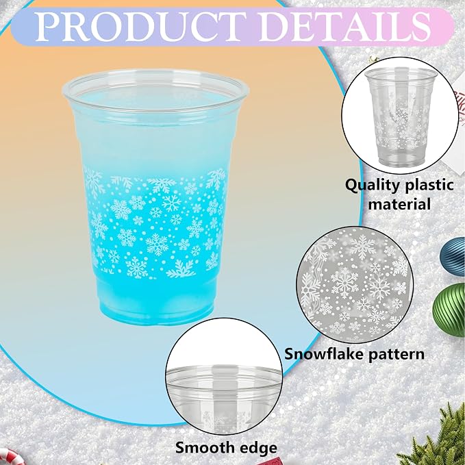 AimFun Snowflakes Plastic Cups Christmas Snowflake Disposable Party Cup Winter Holiday 12oz Clear Cups for Candy Beverage Snacks Birthday Baby Shower Party Supplies (50, Snowflakes)