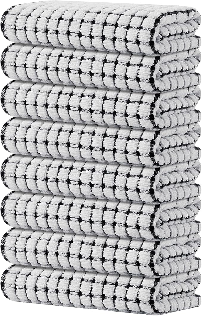 Kitinjoy Cotton 8 Pack Terry Kitchen Towels, 16 x 25 Inches Super Soft and Absorbent Dish Towels, Quick Drying Hand Towels for Kitchen Drying, Black