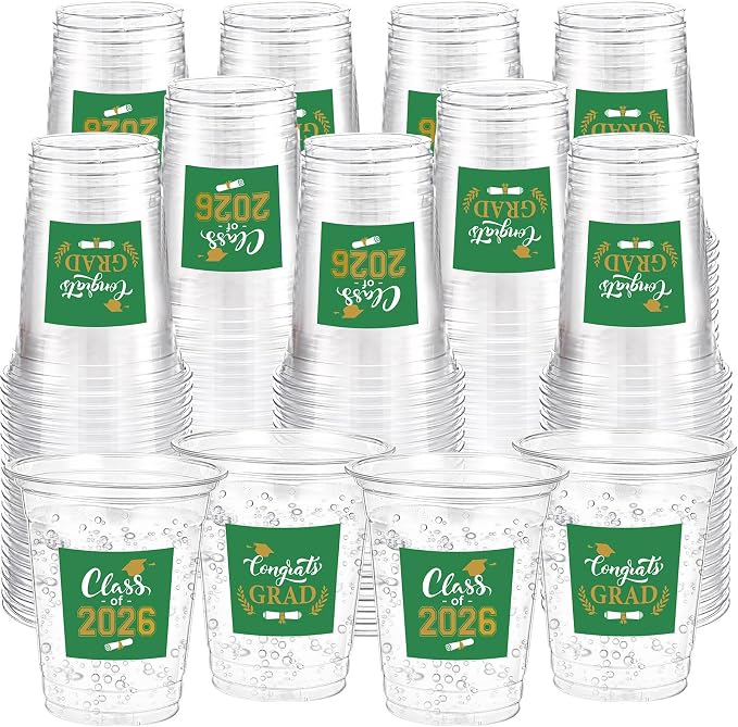 Amyhill 100 Pack 12oz Graduation Cups 2026 Graduation Decorations Disposable Plastic Cups Sturdy&Durable Drinkware for Class of 2026 Decorations Congrats Grad Party Favors Supplies (Green)