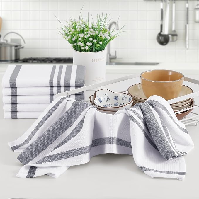 Homaxy Premium Kitchen Towels 18”x 28”, Large Cotton 380 GSM Kitchen Hand Towels, Stripe and Terry Dish Towel, Highly Absorbent Tea Towel Set with Hanging Loop, 12 Pack, Grey