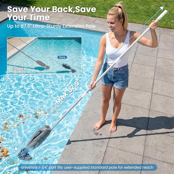 Cordless Handheld Pool Vacuum, 18.5GPM Strong Suction, Telescopic Pole, 45 Mins Runtime, Dual Brush Heads for Above Ground, Inground Pools, Spas & Hot Tubs, Vako H10
