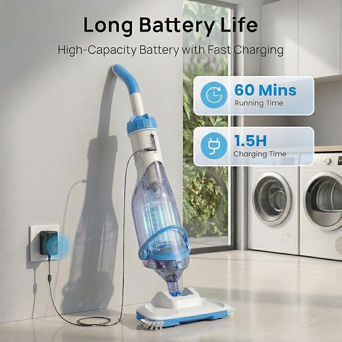 Pool Vacuum for Above Ground Pools & Inground Pools, Consciot Rechargeable Handheld Cleaner with Telescopic Pole, 18.5 GPM Suction, 13.4" Head, 60-Min Runtime, for Spa & Hot Tub