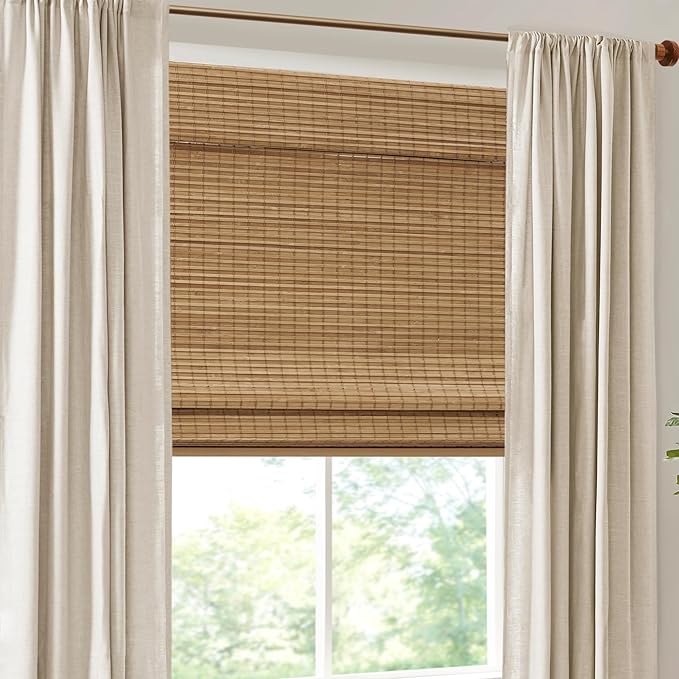 Madison Park Eastfield 100% Bamboo Cordless Roman Shades-Woven Wooden Privacy Panel, Light Filtering Easy Installation Window Blind Treatment, Bedroom, Living Room Decor, 31" W x 64" L, Neutral
