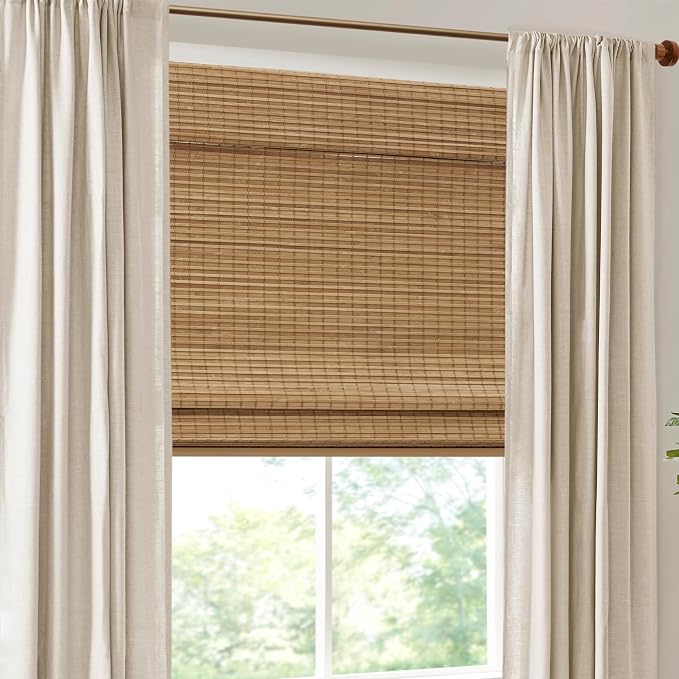 Madison Park Eastfield 100% Bamboo Cordless Roman Shades-Woven Wooden Privacy Panel, Light Filtering Easy Installation Window Blind Treatment, Bedroom, Living Room Decor, 29" W x 64" L, Neutral